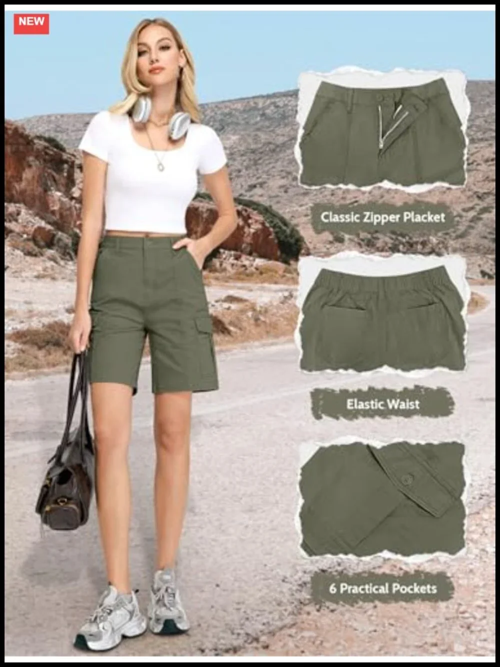 High Waisted Bermuda Cargo Shorts for Women Knee Length 6 Pockets Cotton